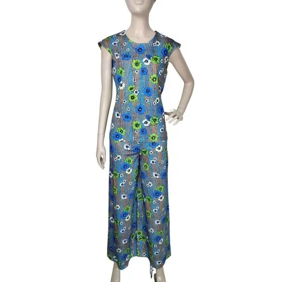 Vintage 60s Groovy Grannycore Floral Wide Leg Pant Top & Jacket 3 Piece Cord-Set
